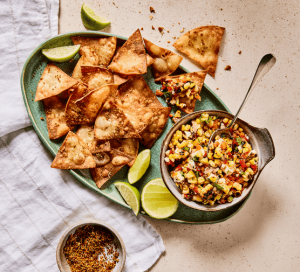 Sweetcorn salsa with lime salt tortilla chips